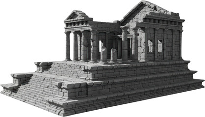 Ancient Greek stone temple ruins with weathered columns and stairs isolate