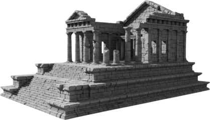 Ancient Greek stone temple ruins with weathered columns and stairs isolate