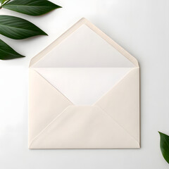 An open creamcolored envelope with a blank white card inside, next to green leaves