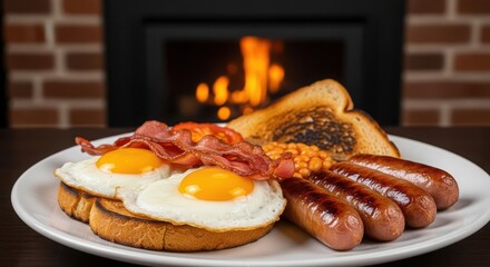 Hearty full english breakfast with fried eggs bacon sausages beans and toast