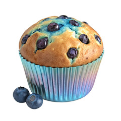 3D render of an iridescent titanium blueberry muffin with glossy topping on transparent background

