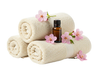 Stack of fluffy grey towels with essential oil bottle and peonies isolated on transparent background