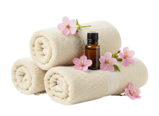 Stack of fluffy grey towels with essential oil bottle and peonies isolated on transparent background