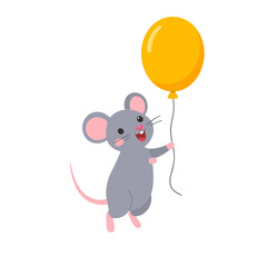 Adorable grey cartoon mouse with a cheerful smile, holding a bright yellow balloon.
