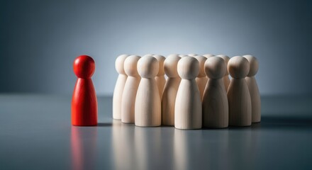 One red wooden pawn standing out from a group of light colored pawns