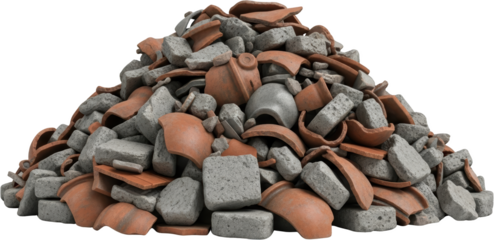 Pile of broken terracotta roof tiles and concrete rubble isolated on black transparent background