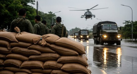 Military convoy with helicopter overhead and sandbags in foreground on rainy day
