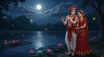 Romantic Indian Couple by Moonlit River – Man Playing Flute, Woman Smiling Softly Among Blooming Lotuses and Fireflies, Dreamy Night Scene, Classical Art-Inspired, Highly Detailed Illustration