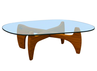 Modern wooden coffee table with a smooth oval glass top isolated on transparent background