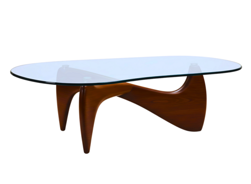 Modern wooden coffee table with a smooth oval glass top isolated on transparent background