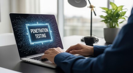 Person working on laptop with penetration testing displayed on screen