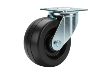 Heavy duty black rubber wheel caster with metal mounting plate isolated on transparent background