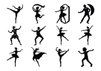 Silhouettes Vector of Solo Dancers Performing Ballet, Jazz, and Modern Dance Styles on white background 

