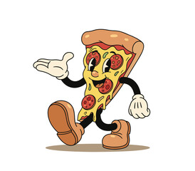 Cheerful retro cartoon pizza slice walking, welcoming with open hand Vector Design Illustration