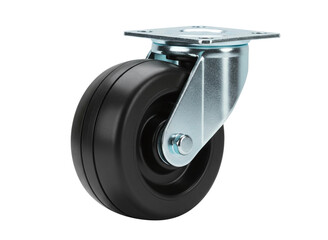 Heavy duty black rubber wheel caster with metal mounting plate isolated on transparent background