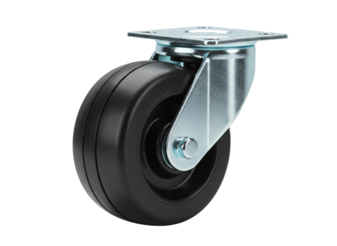 Heavy duty black rubber wheel caster with metal mounting plate isolated on transparent background