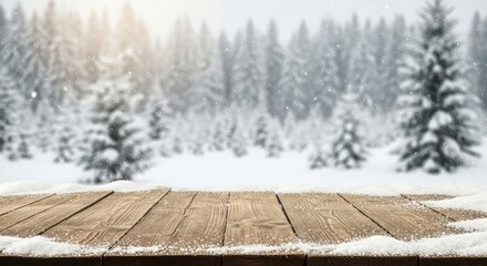 Empty wooden table covered in snow with a blurred winter forest background