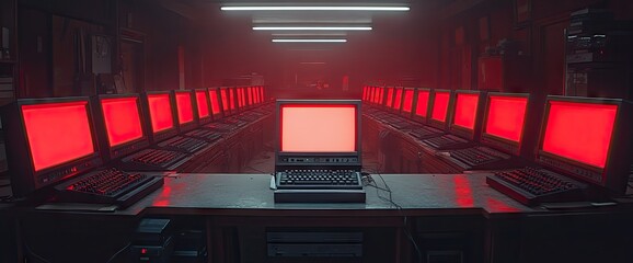 Retro computer room with glowing red screens