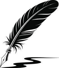 A black and white illustration of a quill pen with ink on a white surface in a well lit room space