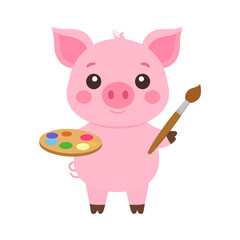 Adorable pink cartoon piglet artist with rosy cheeks holding a colorful paint palette and a brown paintbrush.