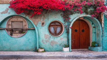 Old blue wooden door set in an ancient stone wall of a vintage house