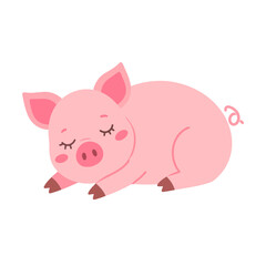 Fototapeta premium Charming pink piglet sleeping peacefully, a cute cartoon illustration with rosy cheeks and closed eyes.