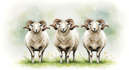 Three rams stand side-by-side in a watercolor style, facing forward on a grassy field with a blurred background.