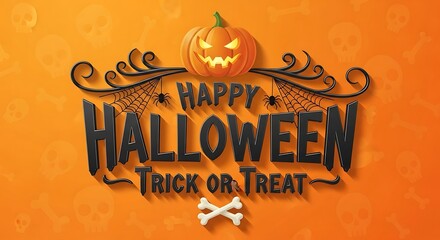 Happy Halloween Design with Pumpkin and Spider Webs on Orange Background, Perfect for Invitations and Decorations