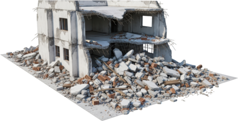 A two story building collapsed and heavily damaged with debris and rubble scattered around its base transparent background