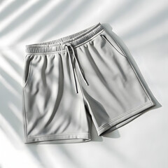 Light grey athletic shorts with a drawstring waistband and pockets, styled with shadows