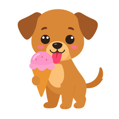 Adorable brown cartoon puppy with big eyes and floppy ears, happily holding a pink ice cream cone.