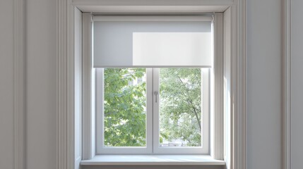 Fototapeta premium Off-white roller shade installed on a double-hung window, showcasing a view of green trees