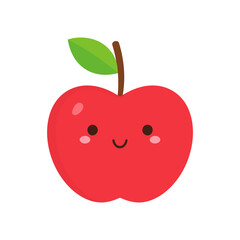 Fototapeta premium Adorable kawaii red apple with a happy smiling face, green leaf, and rosy cheeks.