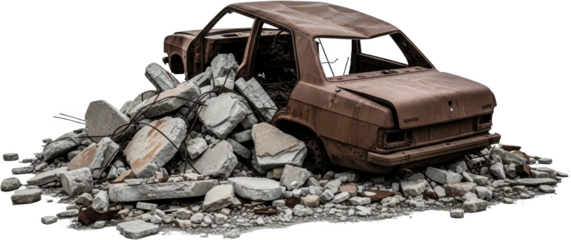 Rusted abandoned vintage car partially buried in debris and concrete rubble transparent background