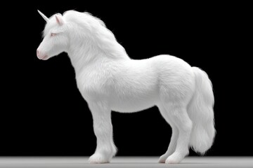 Detailed realistic white unicorn with horn mane tail on black background