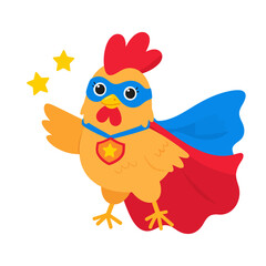 Naklejka premium Brave cartoon chicken superhero in a blue mask and flowing red cape with a star emblem.