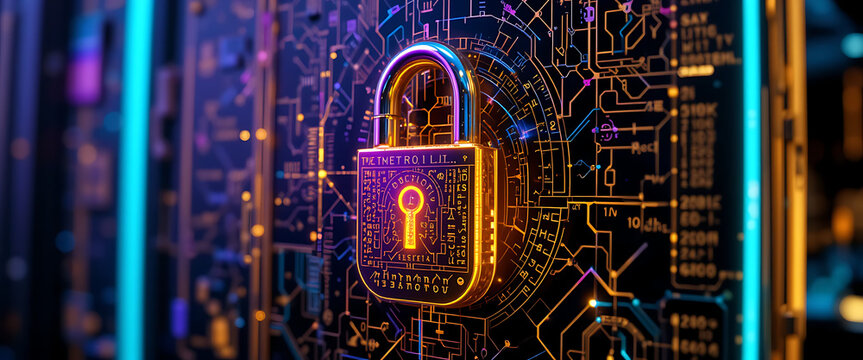 abstract block chain technology digital 3d cyber security system with golden glowing shiny metal lock on the middle dark purple golden silver lock with deep key hole shine shimmering micro glowing sys