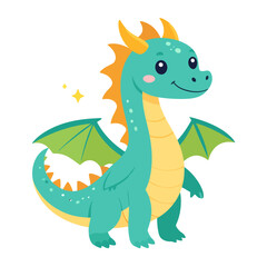 Fototapeta premium Adorable teal baby dragon with a friendly smile, orange horns, and green wings. A cute fantasy cartoon character.