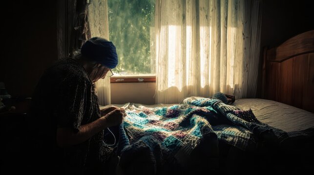 A woman knits by the window. - Powered by Adobe