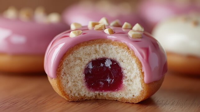 A half donut is topped with pink frosting and nut pieces, cherry filling inside. It shows delicious bakery treat that is ideal for food advertisements.