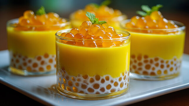 Mango dessert topped with chewy taro pearls