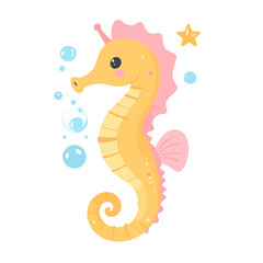 Fototapeta premium Cute yellow cartoon seahorse with pink fins, a curled tail, and a sweet expression.