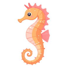 Fototapeta premium Cute orange cartoon seahorse with pink fins and a curled tail. Adorable aquatic animal character with a friendly expression.