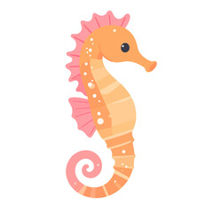Fototapeta premium Adorable orange cartoon seahorse with pink fins, white spots, and a curled tail.