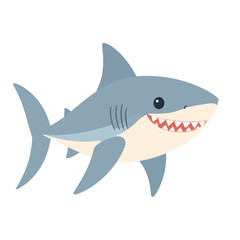 Fototapeta premium Friendly blue cartoon shark with a wide, toothy grin and prominent fins. Flat vector style illustration.
