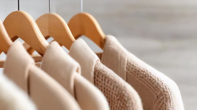 Soft beige sweater clothing on wooden hanger in cozy closet setting