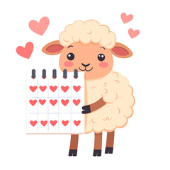 Fototapeta premium Adorable cartoon sheep with fluffy wool holding a love calendar filled with red hearts, surrounded by pink hearts.