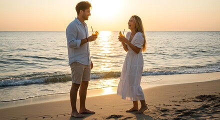 Couple enjoys beachside cocktails at sunset, laughing and creating memories on a romantic getaway.