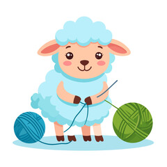 Obraz premium A cute cartoon sheep with fluffy blue wool, happily knitting with colorful yarn balls.