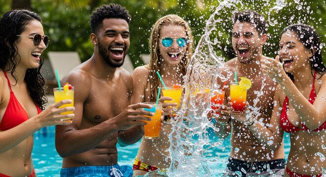Group of friends enjoying tropical drinks at a pool party, laughing as water splashes around them.